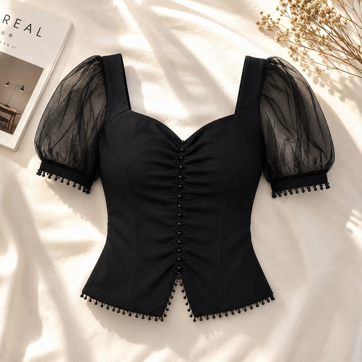 The Beaded Mesh Puff-Sleeve Corset Top