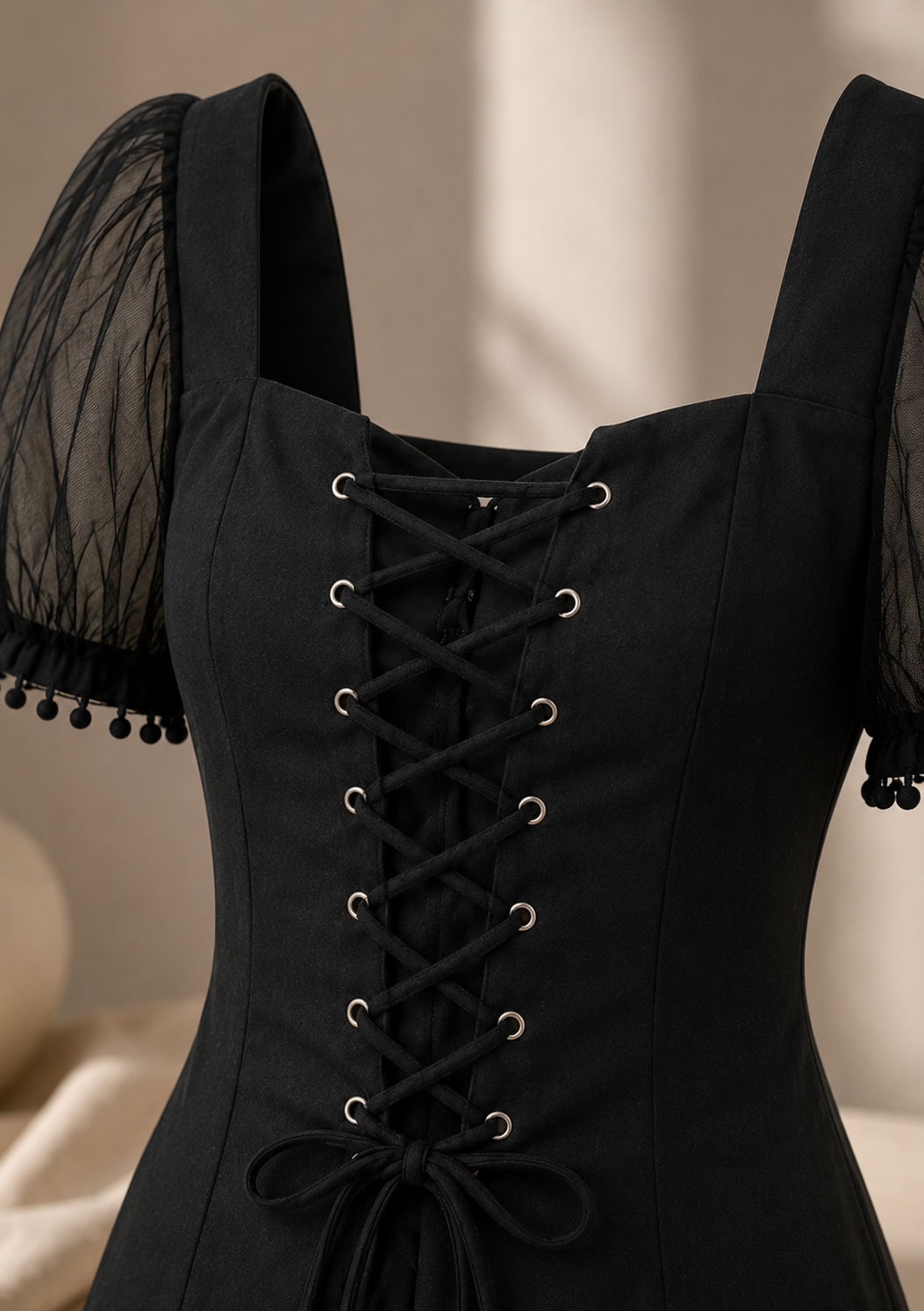 The Beaded Mesh Puff-Sleeve Corset Top