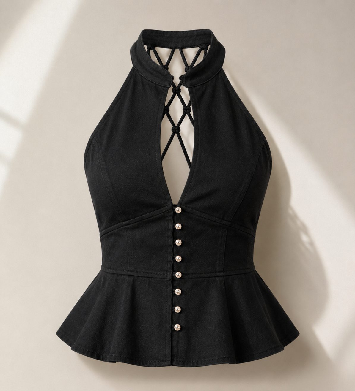 The Lattice Halter Denim Top