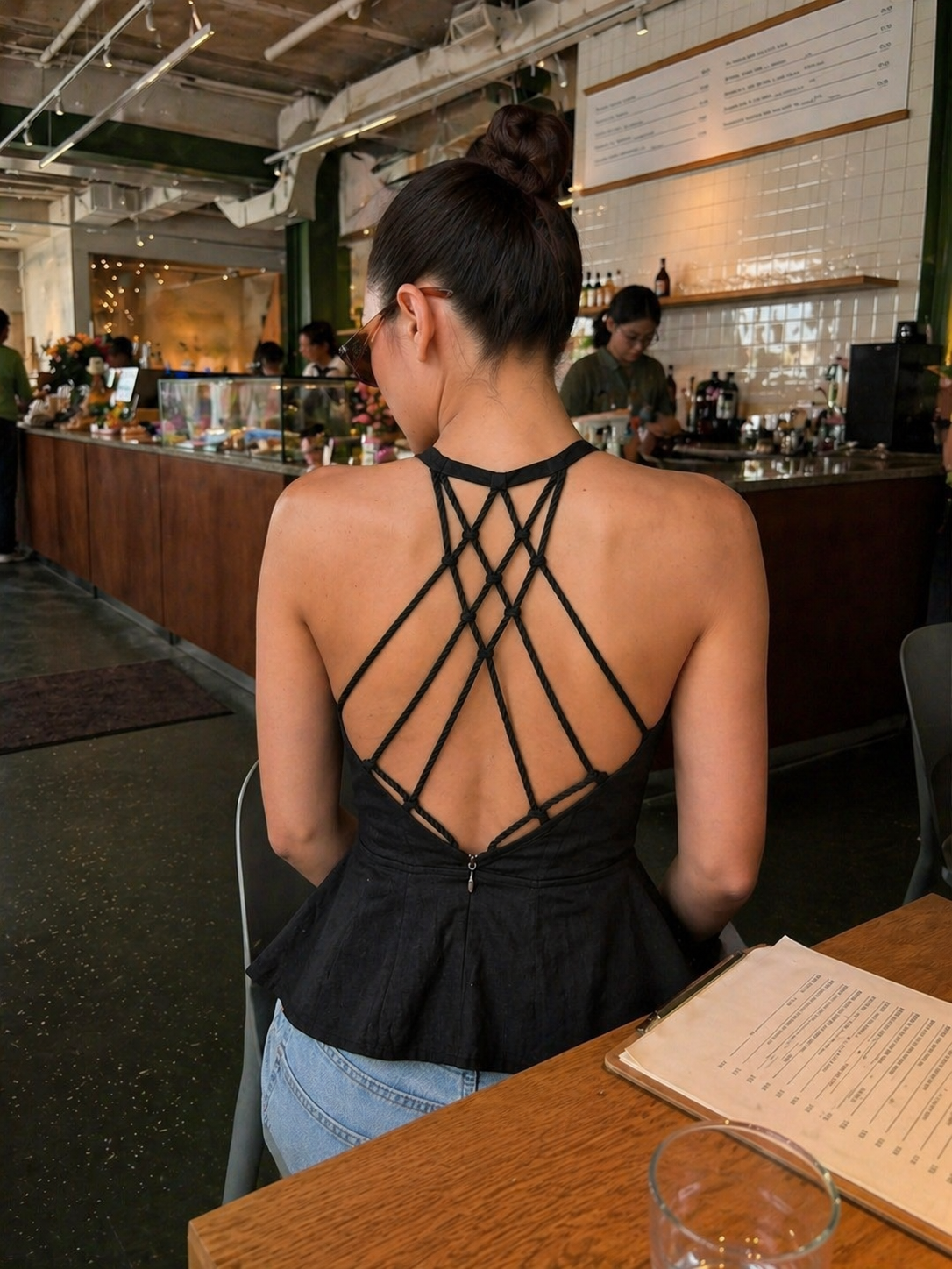 The Lattice-Back Halter Peplum Top