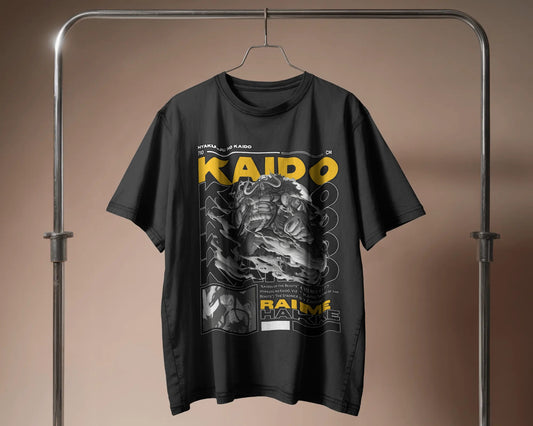 Kaido "King of The Beasts" Oversized T-Shirt in black, featuring a detailed graphic design inspired by the One Piece character Kaido, displayed on a hanger against a neutral brown background.