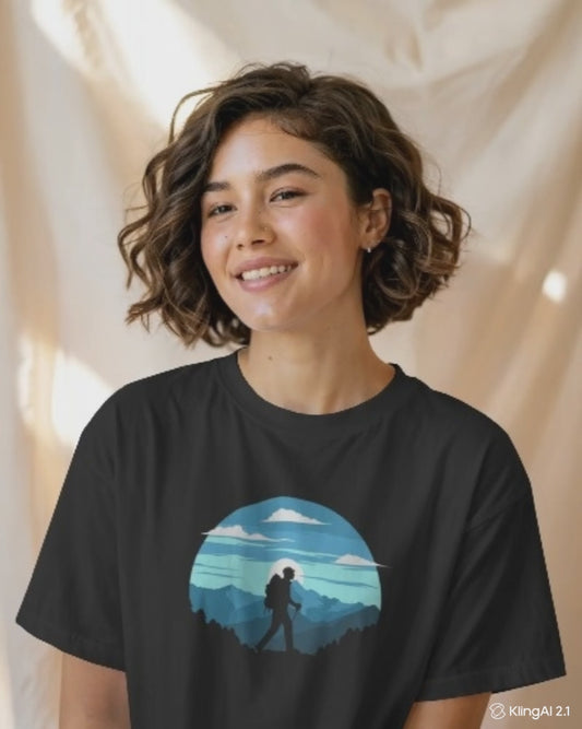 Wander High Oversized T-Shirt | Mountain Hiker Graphic | Unisex Adventure Tee