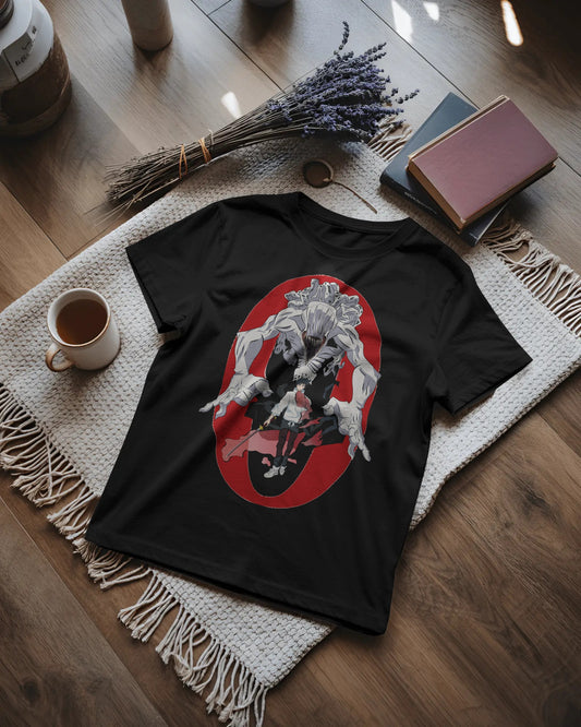 Flat lay view of a black oversized t-shirt lying on a woven rug on a wooden floor, surrounded by books and a bundle of lavender. The front of the tee prominently displays the Cursed Power Drip Anime graphic of a monstrous figure on a red and black circular background.